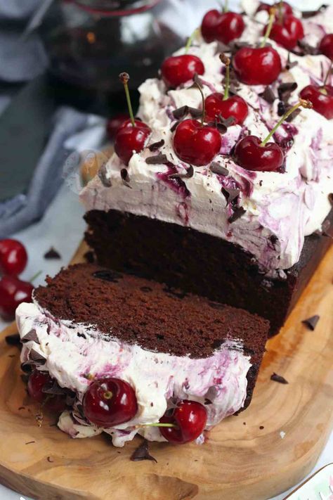 Black Forest Loaf Cake! - Jane's Patisserie Janes Patisserie, A Slice Of Cake, Loaf Cake Recipes, Slice Of Cake, Cake Mixture, Loaf Recipes, Cream Frosting, Loaf Cake, Chocolate Cherry