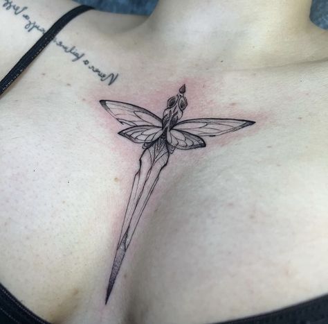 Dragon Fly Sternum Tattoo Women, Fairy Sternum Tattoo, Lower Sternum Tattoo, Dagger Chest Tattoo Female, Women’s Sternum Tattoo, Dagger Tattoo Women, Dagger Sternum Tattoo, Dagger Spine Tattoo, Dainty Sternum Tattoo Women