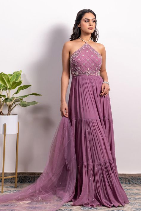 Halter Neck Anarkali, Anarkali With Dupatta, Purple Halter, Indian Dresses Traditional, Traditional Indian Outfits, Indian Gowns Dresses, Designer Party Wear Dresses, Designer Dresses Casual, Stylish Party Dresses