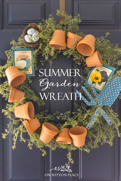 DIY Summer Garden Wreath | Easy tutorial with pictures. Includes how to attach the terra cotta flower pots. Perfect for your summer front porch! #summerwreath #gardenwreath #garden #summer #diywreath Terra Cotta Pot Wreath, Summer Diy Decorations, Summer Decor Crafts, Summer Diy Decor, Diy Summer Decor, Garden Wreath, Summer Diy Projects, Summer Decorations, Terra Cotta Pot Crafts