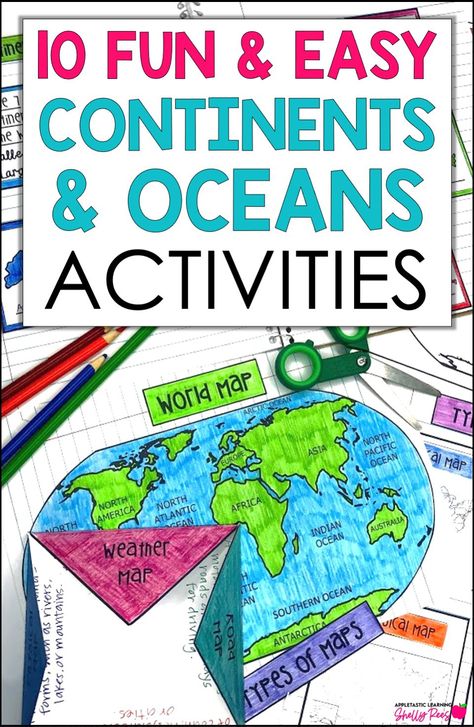 Dive into geography fun with these 10 fun, hands-on continents and oceans activities! From printable worksheets to interactive crafts and map projects, make learning the 7 continents and 5 oceans of the world a blast for kids in 2nd, 3rd, 4th, and 5th grade. Engage them with quizzes, label continents and oceans activities, and creative projects that bring the world map to life! Even includes idea for a continents and oceans quiz and a world map coloring page for kids! Continents First Grade Activities, Continents School Project, Label Continents And Oceans, World Map Crafts For Kids, Continent Crafts For Kids, Me On The Map Free Printable, Continents And Oceans Printables Free, Continent Activities For Kids, 5 Oceans Of The World