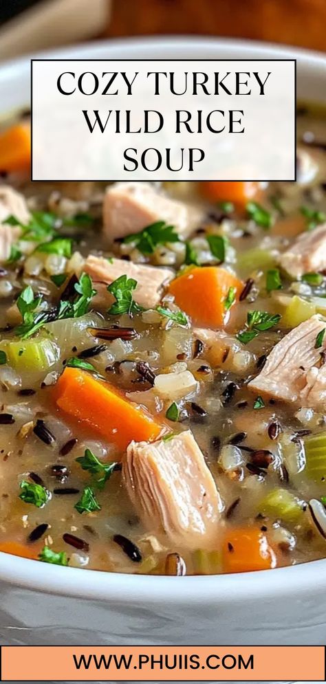 Warm up with this deliciously hearty soup that combines tender turkey and nutty wild rice! It’s perfect for chilly days and makes for a comforting meal that the whole family will adore. With its savory flavors and wholesome ingredients, this soup doesn’t just satisfy hunger—it nourishes the soul. Whether you’re using Thanksgiving leftovers or just looking for a nutritious dish to warm you up, this turkey wild rice soup is a winner. Eating Well Cream Of Turkey And Wild Rice Soup, Wild Rice Turkey Soup, Turkey Wild Rice Soup Recipes, Leftover Thanksgiving Soup, Thanksgiving Leftover Soup, Turkey Wild Rice Soup Crockpot, Turkey Rice Soup Recipes, Wild Rice Soup Crockpot, Cream Of Turkey Soup