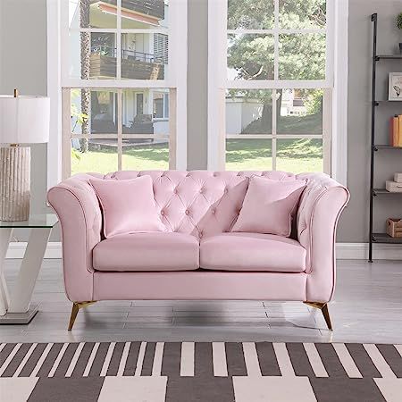 Loveseat Sofa,Upholstered Futon Sofa with Button Tufted Back,Modern Velvet Loveseat Sofa Couch with Armrest,Mid-Century 2 Seater Corner Sofa Couch with Metal Legs for Apartments Bedroom Dorm,Pink Hampton Sofa, Velvet Loveseat, Mesa Exterior, Tufted Sofa, Futon Sofa, Chesterfield Sofa, Comfortable Sofa, Loveseat Sofa, Apartment Room