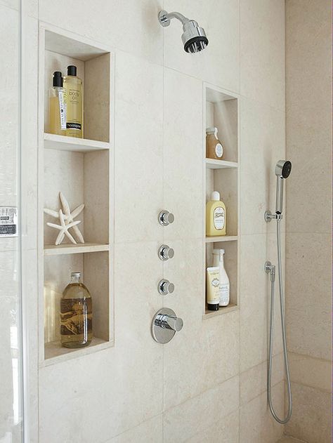 Showers shared by multiple users can benefit from customized sprays. Many high-end shower systems offer a single-control, programmable push-button module for selecting water temperature and specifying the operation of showerheads, body sprays, and pulsation intervals. For more affordable customization, try handheld showers and slide bars that make shower height optimal for each user. Tile Shower Shelf, Bathroom Niche, Master Shower, Shower Niche, Trendy Bathroom, Shower Shelves, Hus Inspiration, The Shower, Shower Remodel