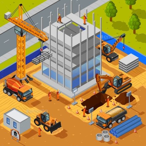 Construction Of Multistory Building Isometric Building Isometric, Construction Illustration, Construction Images, Studio Apartment Design, Building Icon, Building Illustration, Color Palette Challenge, Shop Buildings, Real Estate Logo Design