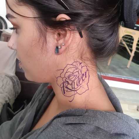 Neck tattoo 😝 #necktattoo #rose #ryder #sonsname #finally #sohappy Mom Neck Tattoo, Neck Tattoo With Name, Neck Name Tattoos Women, Neck Tattoo Ideas Female, Preston Tattoo, Female Neck Tattoo Ideas, Name Tattoos On Neck, Rose Neck Tattoo, Neck Tattoos Women