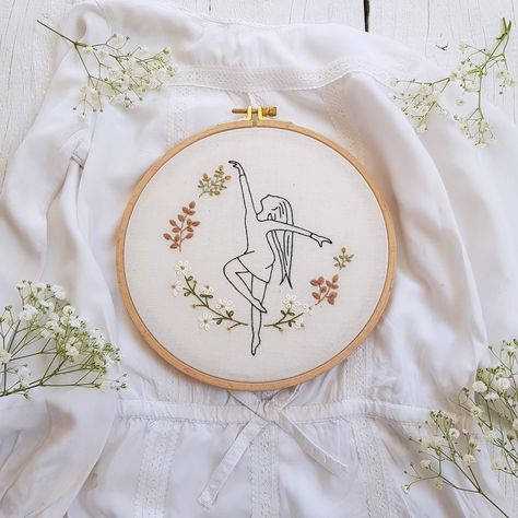 "Dancing women - hand embroidery pattern. Do you like dancing? Maybe your mom, friend, daughter, niece like dancing? Maybe you just like to watch dancing people? I think dancing is wonderful and that's why the collection of dancers was created. Dancer 2 Project size approx. 20X20 cm (8\" size hoop) You will receive 1 file: - a pattern in color (types of stitch, DMC floss colors, and number of strands); - instruction of stitching (with photos) on embroidering a dancer, twigs, leaves and flowe Dancing People, Music Flower, Floral Diy, Mom Friend, Dancing In The Moonlight, Types Of Stitches, Embroidery Bags, Pattern Modern, Hand Embroidery Pattern