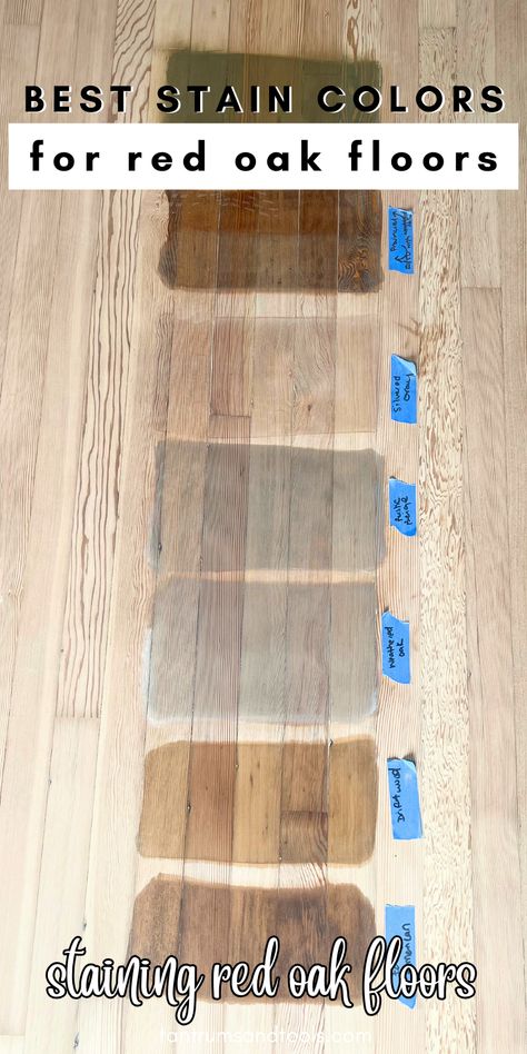 Planning on refinishing hardwood floors and looking for the best stain color for red oak floors? This how to choose hardwood floor color stain guide is for you! I’m sharing everything you need to know when restaining oak floors. I made all the oak floor refinishing mistakes when I stained wood floors so you don't have to! SAVE this Home Improvement Projects idea + discover the best hardwood refinishing stain colors for your home. Tips to choose red oak stain colors hardwood floors. Stained Hardwood Floors Colors, Stain Colors On Red Oak Floors, Red Oak Floor Stains, Wood Stain Colors On Oak, Refinishing Red Oak Hardwood Floors, Oak Floor Refinishing, Special Walnut Stain On Red Oak, Minwax Stain Colors On Red Oak, Oak Floor Stain Colors