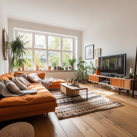 California Boho Living Room, Bohemian Mid Century Modern Living Room, 70s Living Room Aesthetic Vintage, Cozy Retro Living Room, Different Wood Tones In One Room, Contemporary Living Room Inspiration, Minimalist Eclectic Living Room, 60s Home Aesthetic, Artsy Living Room