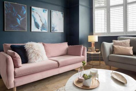 Ideas For Living Room Decor, Contemporary Decor Living Room, Dark Blue Walls, London Home, Pink Sofa, Pink Living Room, Ideas For Living Room, Bright Living Room, Living Room Makeover