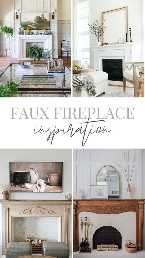 Fake Fireplace Dining Room, How To Style A Faux Fireplace, Faux Fireplace In Dining Room, Faux Mantel Ideas, Fake Fireplace Wall Ideas, Minimalist Fireplace Mantle, Bedroom Faux Fireplace, Vintage Fireplace Mantle Decor, Mantel Without Fireplace