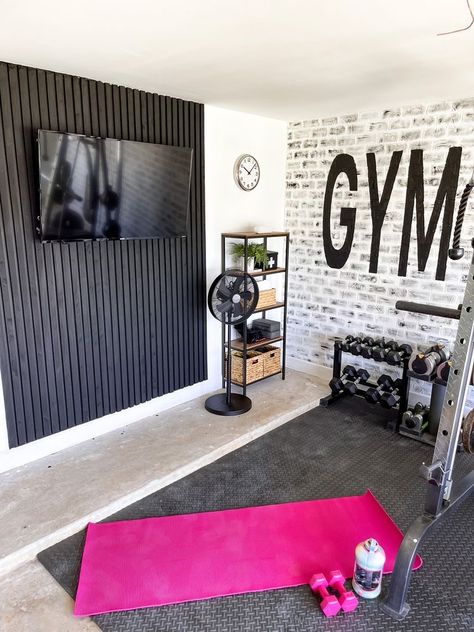 Gym Area Design In Home, In House Workout Room, Gym Entryway Ideas, Home Gym Unfinished Basement Ideas, Corner Workout Area, Cheap Basement Gym Ideas, Workout Room Garage, In Garage Gym, Small Home Office And Gym Ideas