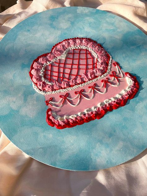 "One of a kind acrylic cake painting on 20\" round canvas! 3-d effect used with piping paint using icing tools" Piped Acrylic Painting, Cake Painting Canvas, Spackle Diy, Icing Tools, Cake Painting, Round Painting, Relief Painting, Cake Piping, Food Texture