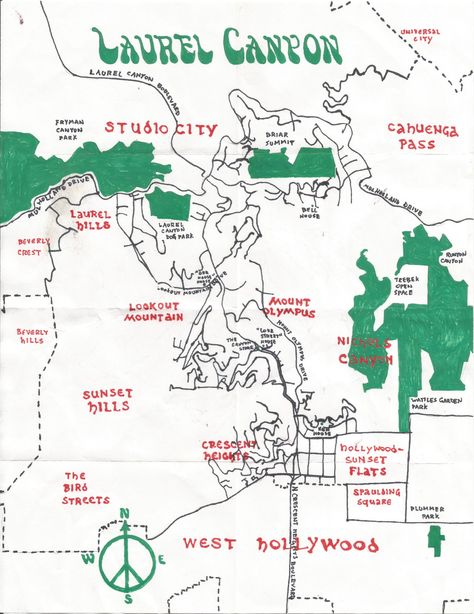 Laurel Canyon Painted Map, Places Painting, Cartography Map, Fool’s Gold, Santa Monica Mountains, Engraving Ideas, Los Angeles Neighborhoods, Hand Drawn Map, Drawn Map