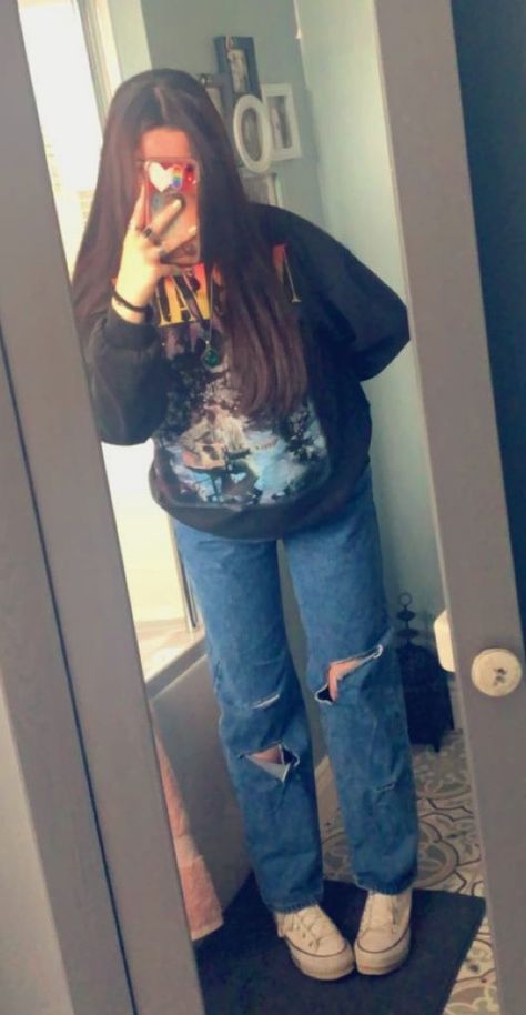 Nirvana Jumper, Grunge Outfit, Grunge Outfits, Nirvana, Ripped Jean, Blue Jeans, Jumper, Pants, Blue