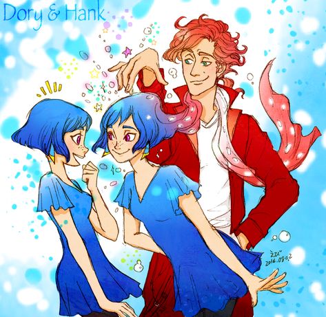 Pixiv Id 3022818, Disney, Finding Nemo, Hank, Dory, Short Dress Dory X Hank, Humanized Characters, Disney Characters As Humans, Finding Nemo Characters, Human Version, Disney Pixar Characters, Cute Disney Drawings, Nickelodeon Cartoons, Disney Crossovers