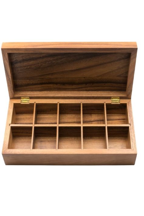 A perfect treat for all tea loversThis Tea Box features 10 compartments for easy tea assortmentMade of gorgeous Acacia hardwoodthis tea box is functional and beautiful due to its richshimmering colorsIts attractive design will add a nicewarm touch and organization to any kitchenProduct Dimensions 7.5 x 14.25 x 3.5 inches Item Weight 2.69 pounds Department Unisex Manufacturer Ironwood Gourmet Tea Box Design, Wood Box Design, Jewelry Box Plans, Tea Box Storage, Storage Chests, Art Of Coffee, Luxury Closets Design, Woodworking Box, Tea Storage