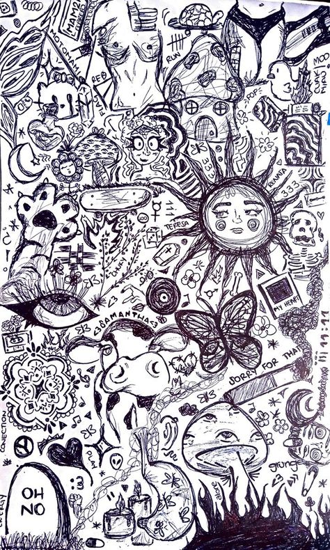 Sketchbook Ideas Trippy, Doodle Collage Drawings, Scribble Art Doodles, Clutter Drawing, Cool Doodles Trippy, Edgy Doodles, Trippy Sketch Ideas Easy, Doodle Ideas Grunge, Alt Doodles