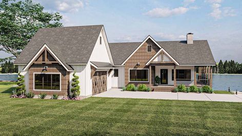 Modern-farmhouse House Plan - 2 Bedrooms, 2 Bath, 1856 Sq Ft Plan 52-520 Bar Flooring, Lake House Plans, Farmhouse House, House Plans Farmhouse, Modern Farmhouse Plans, Best House Plans, Cathedral Ceiling, Farmhouse Plans, Modern Farmhouse Style