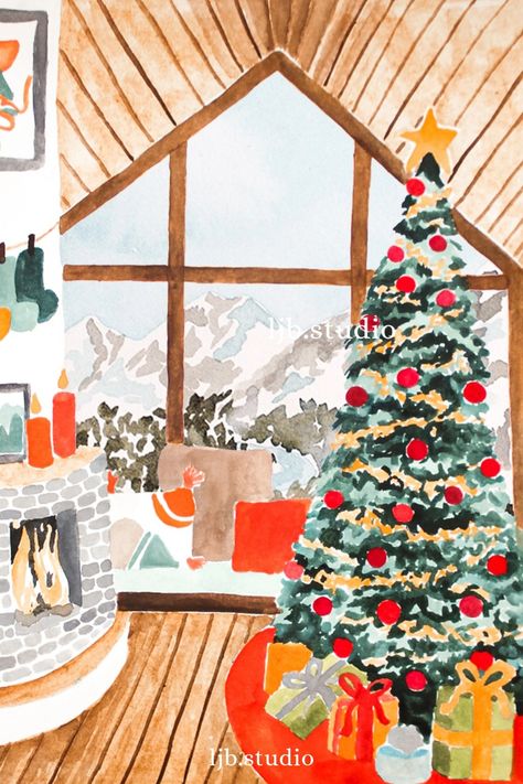 This cozy illustration makes the perfect Christmas Greeting Card. A must have for your Holiday mail. Christmas Landscape Illustration, Christmas Interior Illustration, Cozy Illustration Winter, Christmas Cabin Illustration, Winter Cabin Illustration, Valentine's Day Illustration, Christmas Card Illustration, Easter Illustration, Christmas Beauty