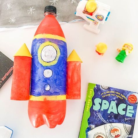 DIY Rocket Spaceship - made from a recycled bottle & toilet rolls... Perfect crafting fun for little intergalactic explorers!  how-to link in bio & below Thank you to our fabulous contributor Rossa & her boys from @curiouslittlepeople  #recycled #ecofriendly #space #earlylearning #kidscrafts #kidsactivities Spaceship Craft, Diy Rocket, Christmas Advent Calendar Diy, Creative Kids Crafts, Imaginary Play, Kids Crafting, Family Ideas, Easter Basket Diy, Shape Puzzles