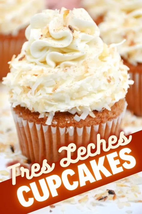 These Tres Leches Cupcakes are a clever take on the popular dessert of the same name which originated in Mexico. You will be taking a basic cake mix and enriching it with three kinds of milk to make these delightful cupcakes. They're topped with vanilla frosting and toasted coconut. Delicioso! Mini Tres Leches Cupcakes, Cupcake Tres Leches, Tres Leches Cupcakes Box Cake, Tres Leches Cake In A Cup, Tres Leche Cupcake, Coquito Cupcakes, Mexican Cupcakes, Cupcake Truck, Tres Leches Cupcakes