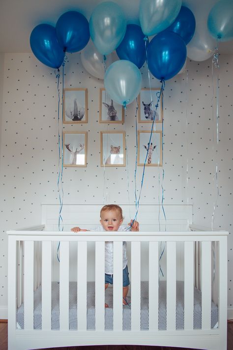 1st Birthday Crib Decorations, Balloons In Crib First Birthdays, First Birthday Crib Picture, 1st Birthday Crib Pictures, Baby Boy Half Birthday Ideas, Birthday Pictures With Balloons, First Birthday Photo Shoot Ideas Boy, Half Birthday Ideas For Boys, Pictures With Balloons