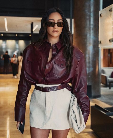 Shay Mitchell Street Style, Trending Jackets, Black Booties Outfit, Shay Mitchell Style, Maroon Outfit, Autumn Dresses, Coach Jackets, Burgundy Boots, Shay Mitchell