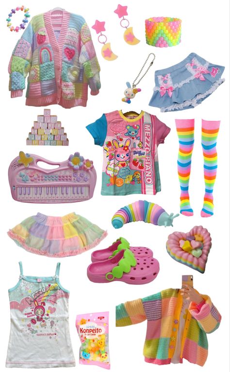 kawaii, rainbow, colorful, cute, outfit, Chi Core Aesthetic, Soft Kidcore Clothes, Dreamcore Outfit Aesthetic, Pastel Kidcore Clothes, Kidcore Fashion Pastel, Decora Outfit Ideas, Cute Outfits Colorful, Cute Kidcore Outfits, Outfit Ideas Kidcore