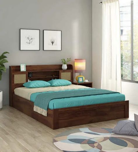 Kosmo Jude  Queen Size Bed in Sheesham Melamine Finish with Box Storage Solid Wood Bed Design, King Size Bed Designs, Bed Designs With Storage, Simple Bed Designs, Headboard Shapes, King Style, Sofa Design Wood, Walnut Bed, Bed Headboard Design