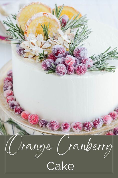 Cranberry And Orange Cake, Sugared Cranberries On Cake, Cranberry Orange Layer Cake, Cake For Christmas Party, Cranberry Orange Christmas Cake, Cranberry Cake Filling, Sugared Orange Slices, Christmas Red Velvet Cake Decorations, Cranberry Deserts Thanksgiving