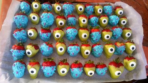 Monsters Inc strawberries Monsters Inc Party Treats, Monsters Inc Chocolate Strawberries, Monster Inc Treat Ideas, Monsters Inc Strawberries, Monsters Inc Snacks, Monster Inc Strawberries, Monster Inc Treats, Monsters Inc Dessert Table, Monsters Inc Desserts