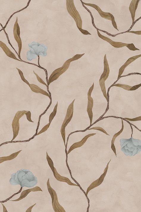 Soft Pink The simplicity of a climbing flower branch captured in a wallpaper. Hand-painted details from the flower petals, the bark of the twig to the different hues of green leaves. A simple and eye-catching big scaled floral wallpaper with a neutral color scheme, that captures your interest as soon as you step into t Modern Floral Wallpaper, Green Leaf Wallpaper, Pink Floral Wallpaper, Climbing Flowers, Wallpaper Interior, A Wallpaper, Neutral Color Scheme, Mural Design, Vintage Interior