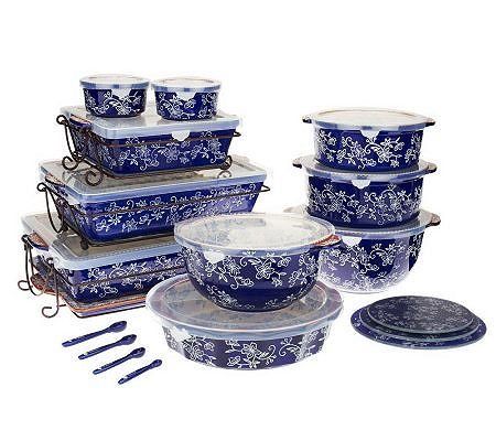 Temp-tations Floral Lace 24-piece Oven-to-Table Set Temptations Cookware, Blue And White Dishes, Temptations Bakeware, Ceramic Bakeware, Serving Bowl Set, Kitchen Must Haves, White Dishes, Bakeware Set, Beautiful Dishes