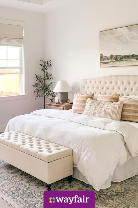 Find us a better bedroom setup; we'll wait. With plush white bedding, a tufted storage bench, and wooden nightstands, this look can be yours in no time. Wayfair Bedroom Ideas, Wooden Nightstands, Wayfair Bedroom, Ideas Armario, Male Bedroom Ideas, Decorative Screen Panels, Small Living Room Layout, Bedroom Setup, Redecorate Bedroom