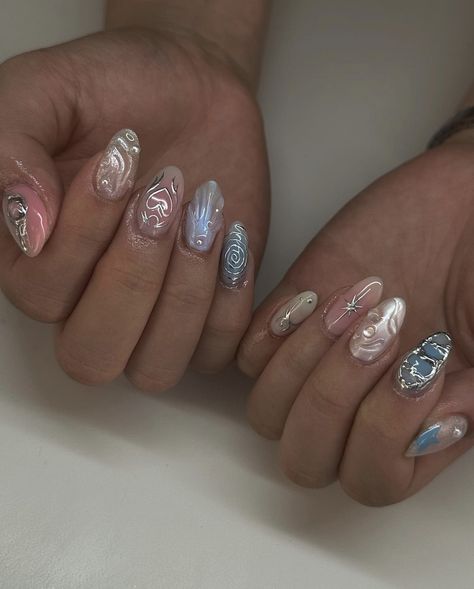 Blue N Pink Nails, Kirsten Titus Nails, Japanese Nail Art Short Nails, Krystal Oh Nails, Opal Nail Designs, Ora Nails, Jelly Nails Designs, Korean Gel Nails, Jellyfish Nails