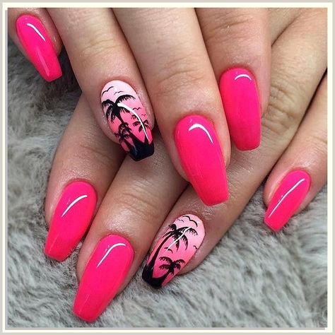 Fun summer nails bright! Try some of these bright and cheerful nail designs that will brighten up your summer days. Tropical Nail Designs, Nail Design Glitter, Palm Tree Nails, Beach Nail Designs, Fun Summer Nails, French Pedicure, Summer Nails Beach, Summer Gel Nails, Tropical Nails