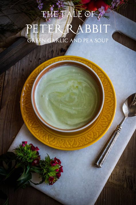 The Tale of Peter Rabbit: Green Garlic and Pea Soup Recipe Feast Of Starlight, Pea Soup Recipe, Tale Of Peter Rabbit, Geek Food, Green Garlic, Rabbit Food, Jack Rabbit, Pea Soup, Inspired Recipes