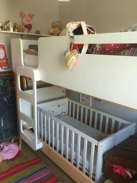 Bunk from Made Bunk Beds With Crib Under, Bunk Bed With Crib Underneath, Toddler Infant Bunk Beds, Crib Size Bunk Beds, Crib Size Toddler Bunk Beds, Bunk Bed Crib, Shared Bedroom, Shared Room, Toddler Rooms