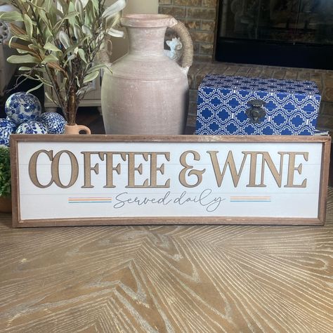 Fabulous Modern Farmhouse Rustic Whitewash & Natural Wood Framed Sign For Your Coffee & Wine Bar Beverage Station! This Adorable Sign Reads Coffee & Wine Served Daily In A Simple Script & Wooden Letters! Super Cute For Your Kitchen Or Coffee Bar Station! Hangs Easily With Sawtooth Hangers On Back Or Lean Or Add An Easel To Use On Your Counter! Pairs Well With Farmhouse Cottage French Country Boho Or Shabby Chic Decor Styles! Whitewashed Distressed Finish Gives An Aged Appearance! Easily Hangs On Coffee Bar Sign Ideas, Coffee And Wine Station, Coffee And Wine Bar Ideas, Coffe And Wine Bar, Wine Station, Cottage French Country, Wine Bar Sign, Coffee/wine Bar, Coffee Bar Station