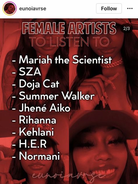 Rappers To Listen To, Artists To Listen To On Spotify, Artist To Listen To, Artists To Listen To, Sza Songs, Female Artists Music, Female Songs, Cat Summer, Faux Locs Hairstyles