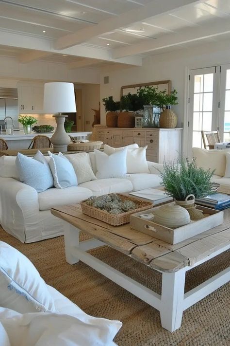 Coastal Grandma Living Room Ideas, Japandi Cottage, Farmhouse Interior Living Room, Neutral Coastal Living Room, Coastal Living Rooms Ideas, Cozy Coastal Living Room, Country Coastal Decor, Coastal Farmhouse Living Room, Nancy Myers