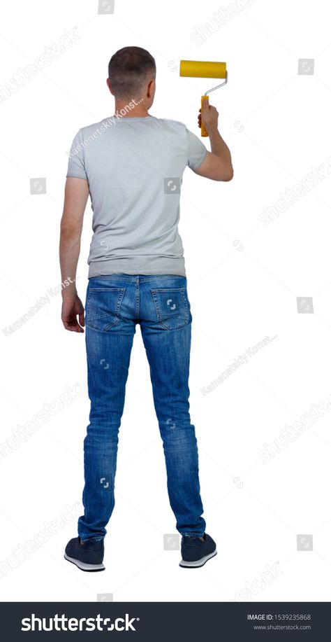 Back view of a man who paints the paint roller. rear view people collection. backside view of person. Isolated over white background. Worker paints a wall. #Ad , #AD, #roller#rear#people#paint Standing Back View, Product Brochure, Church Pictures, Man Standing, Paint Roller, Person Standing, Find Color, Back View, Brochure Template