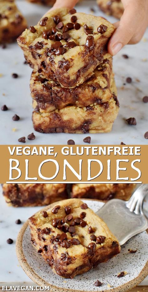 Diese Blondies werden mit Kichererbsen, gemahlenen Mandeln und Schokodrops hergestellt. Sie sind super saftig, weich, reichhaltig und lecker! Das Blondie-Rezept ist vegan, glutenfrei, getreidefrei, proteinreich, ohne Milch, ohne Ei, gesund und kann auch nussfrei zubereitet werden! Blondies Brownies, Chickpea Blondies, Vegan Blondies, Nut Free Desserts, Brownie Vegan, Glutenfree Recipe, Vegan Gluten Free Desserts, Chocolate Chip Blondies, Vegan Baking Recipes