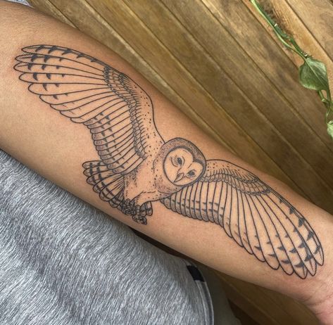 barn owl tattoo on forearm Owl Tattoo Arm, Owl Wings Tattoo, Flying Owl Tattoo, Tattoos On Chest, Owl Tattoo Ideas, Barn Owl Tattoo, Tattoo Ideas Males, Biblical Tattoos, Owl Wings