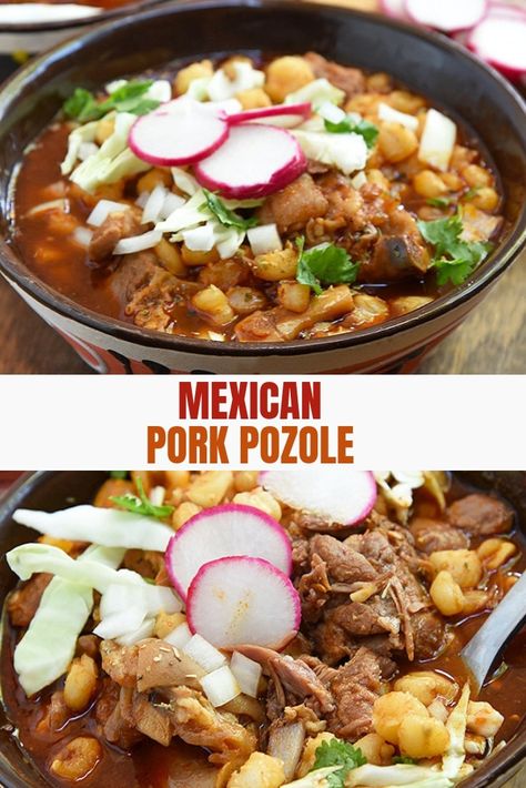 Authentic Pozole Rojo is hearty, tasty, and the ultimate comfort food. This Mexican pork and hominy stew makes a satisfying meal for holidays and year round. #Mexicanfood #soup #hominysoup #pozole #pork Crock Pot Pozole Pork, Red Pozole Recipe Pork Crock Pot, Red Pork Pozole Recipe, Red Pozole Recipe Pork, Easy Pozole Recipe Pork, Pozole Recipe, Mexican Comfort Food, Mexican Pork, Slow Cooker Pork