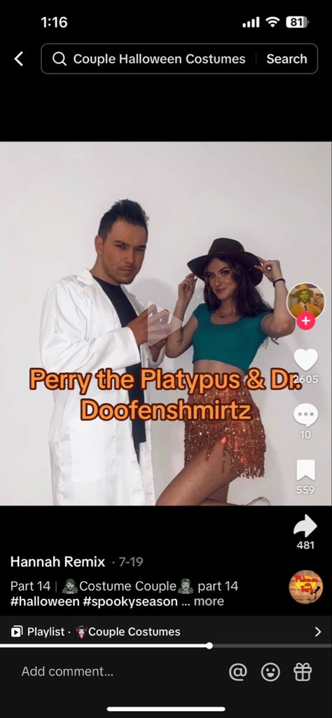 Halloween costume idea - picture and idea credit to hannah remix on tik tok Parry The Platypus Costume, Dr Doofenshmirtz And Perry Costume, Perry The Platypus And Dr Doof Costume, Perry And Doofenshmirtz Costume, Dr Nefario Costume, Perry The Platypus Costume, Sexyyredd Costume, Perry The Platypus And Dr. Doofenshmirtz Halloween, Dr Costume