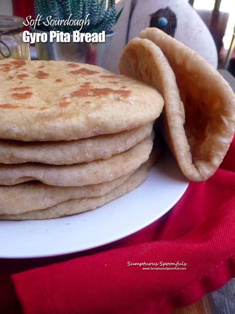 Soft Sourdough Gyro Pita Bread | #flatbread #pitabread #gyro Gyro Sandwich, Soft Flatbread, Veggie Korma, Greek Pita Bread, Gyro Pita, Gyro Wrap, Naan Flatbread, Discard Recipe, Pita Bread Recipe