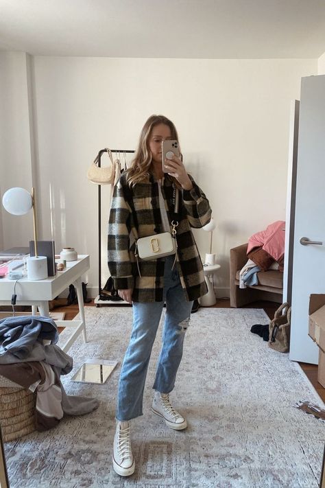 Charlotte Bridgeman Madewell Shacket - wearing a small Citizens jeans - size down Shacket Outfit Women Summer, Check Shacket Outfit Women, Checked Shacket Outfit, Checkered Shacket Outfit, Snapshot Bag Outfit, Leather Shacket Outfit Women, Marc Jacobs Snapshot Bag Outfit, Shacket Street Style, Leather Shacket Outfit