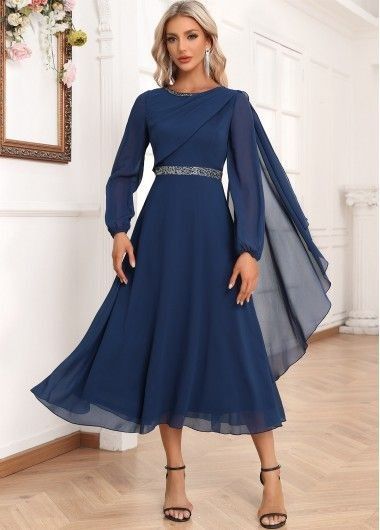 Winter Dress Prom, Blue Dinner Dress, Blue Modest Dress, Lds Fashion, Navy Boat, Dressy Clothes, Long Sleeve Navy Dress, Boat Neck Long Sleeve, Royal Wedding Dress